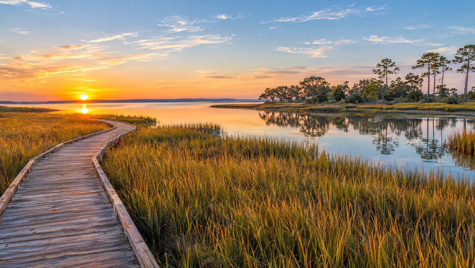 Wooden boardwalk through golden salt marsh grass toward a calm tidal creek at sunrise on the North Carolina coast